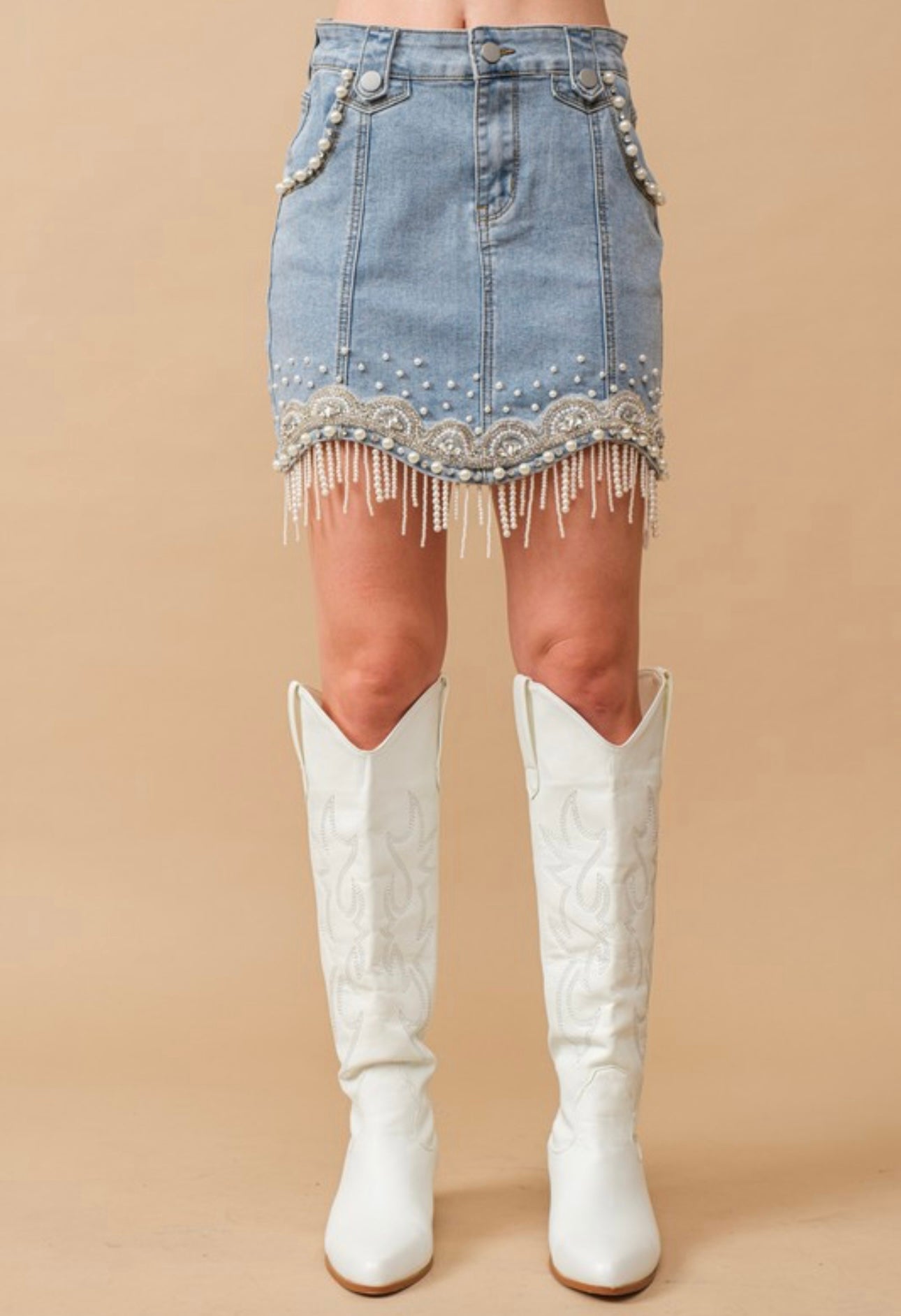 Embellished Pearl Fringe Mini Skirt