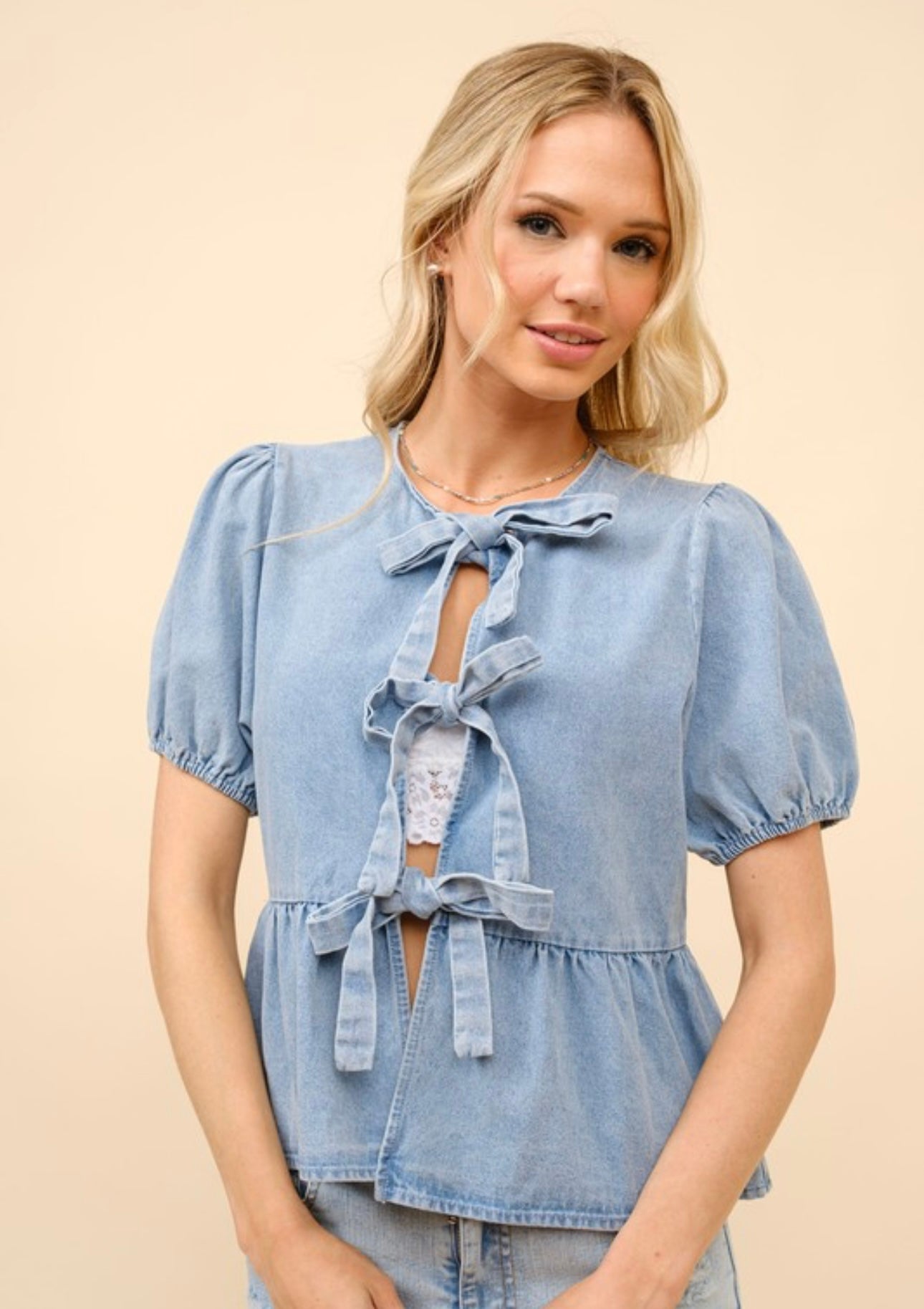 Puff Tie Front Denim Peplum Top