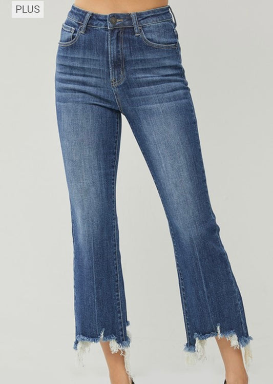 Risen Plus Size High Rise Frayed Hem Ankle Flare Jeans