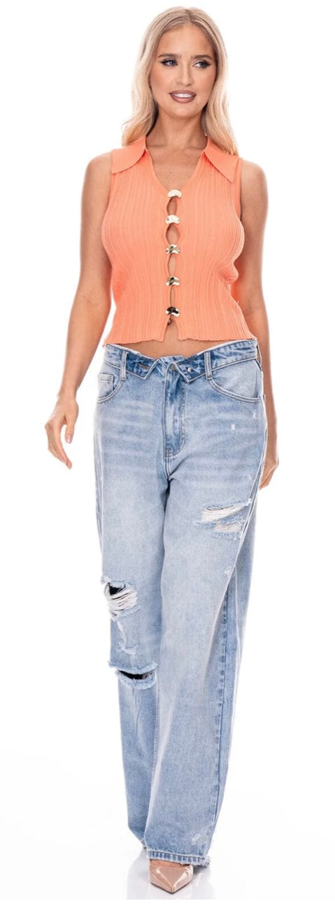 Maxine Coral Collard Detailed Top