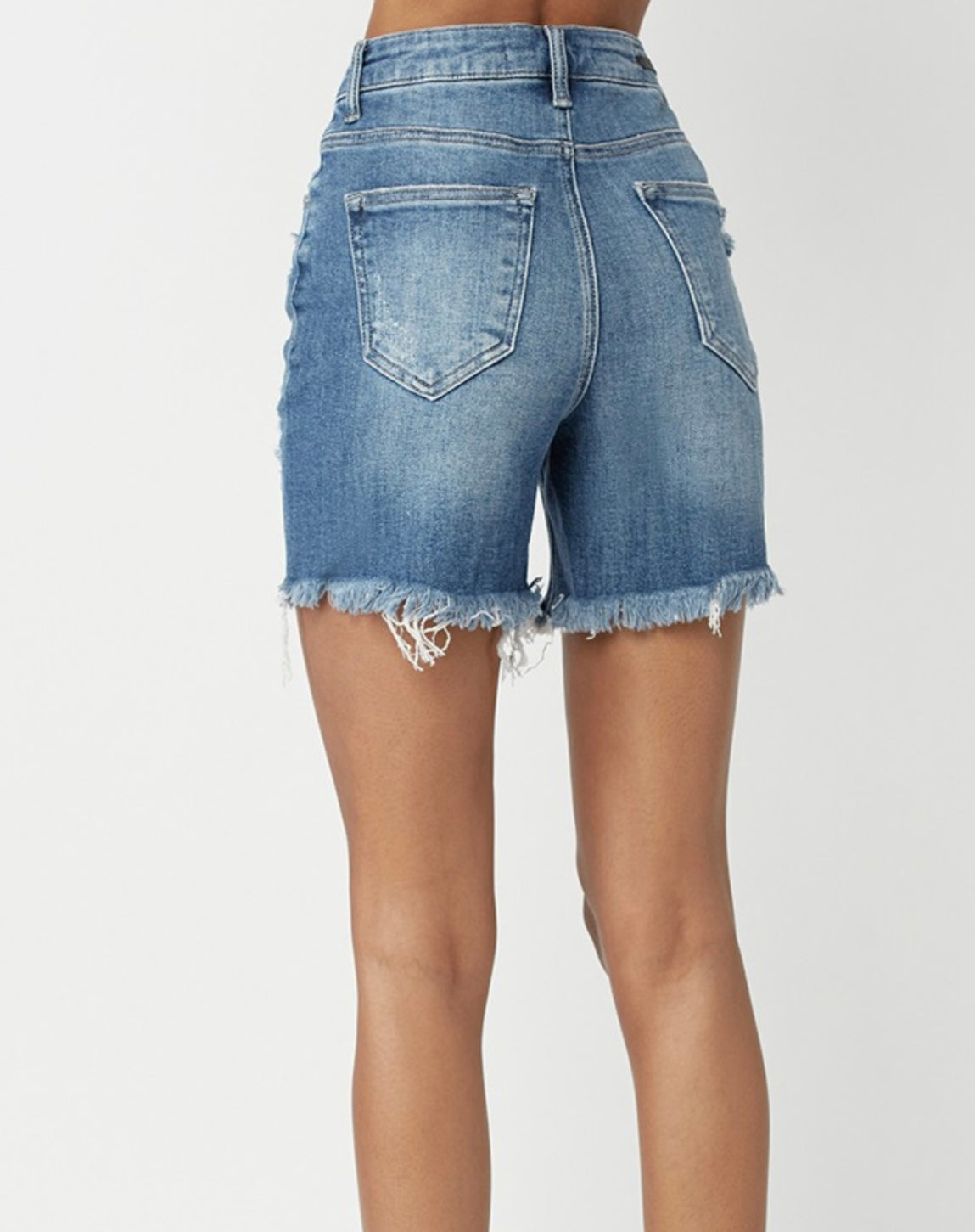 Risen High Rise Mid Thigh Distressed Shorts