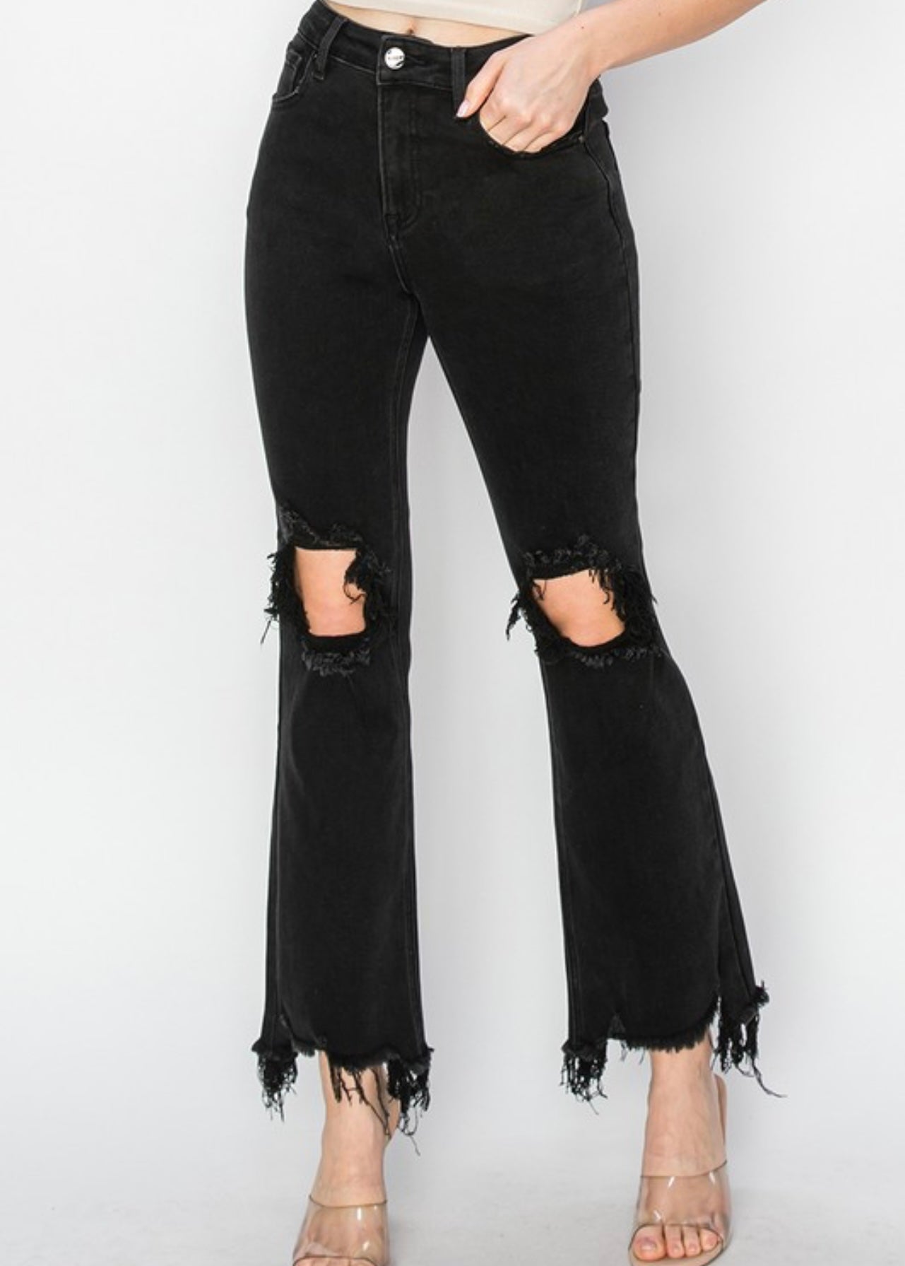 Risen Black High Rise Crop Distressed Jeans