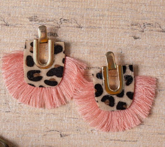 Pink Leopard Fringe Earrings