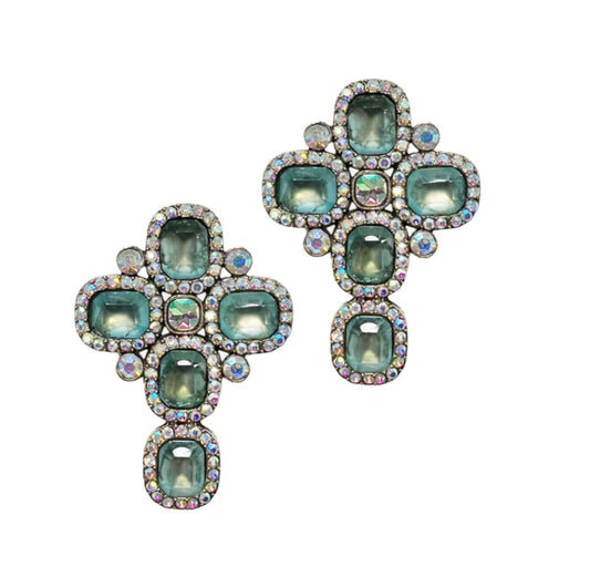 Green Crystal Cross Studs